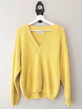 Outlander Yellow Cotton Knit Sweater M V Neck Lightweight Textured Floral